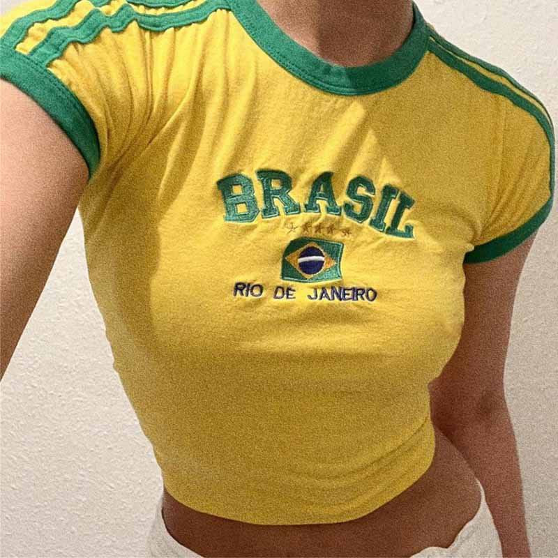 BRASIL Brazil Vintage Color Block Crop Top, Embroidered Short/Long Sleeve Y2K Baby Tee